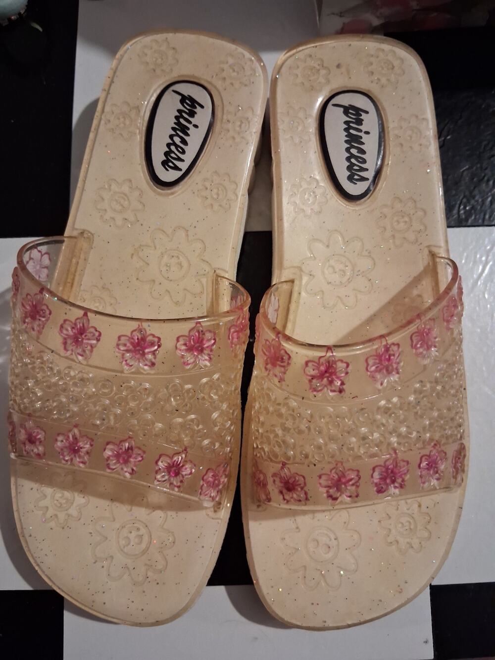 Vtg 90 y2k jelly shoe slides princess clear smiley face hibiscus flower 38 or 7